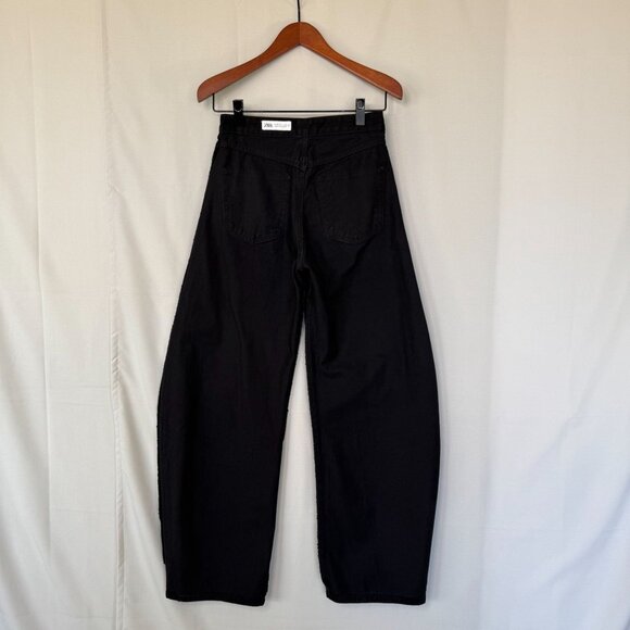 Zara Black 100% Cotton Rigid Denim Curved Horse Shoe Wide Leg Jeans Size 4 - Picture 7 of 10